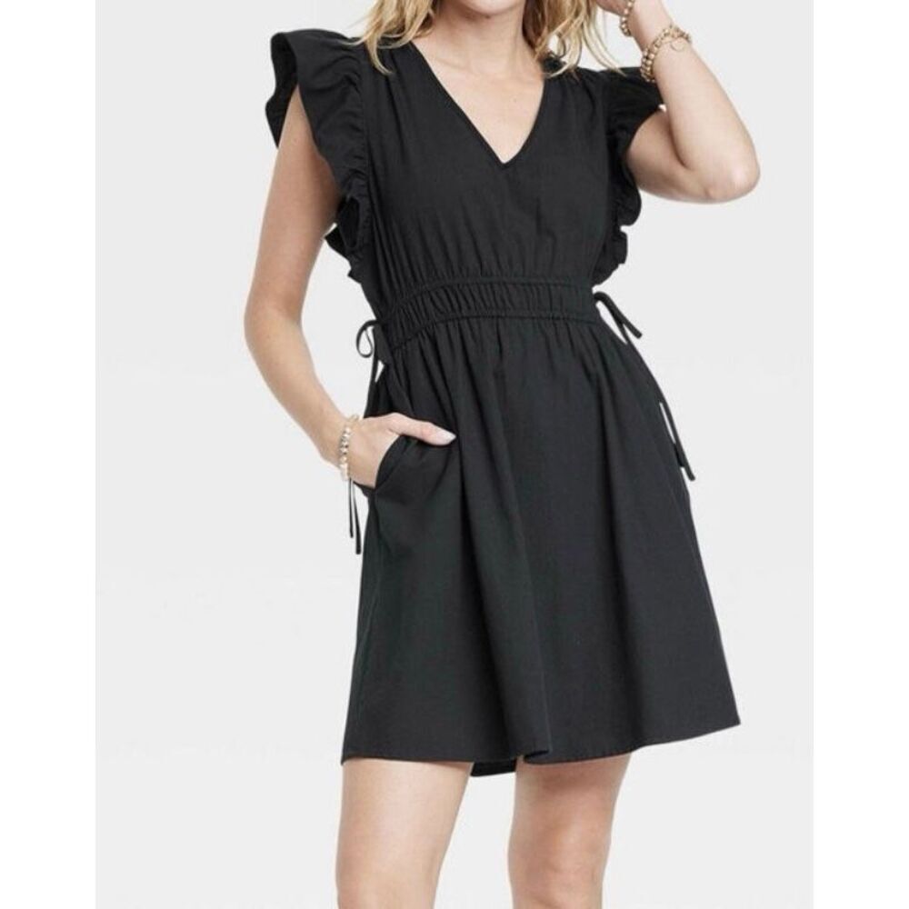 Universal Thread Black Flutter Sleeve Smocked Wai… - image 1